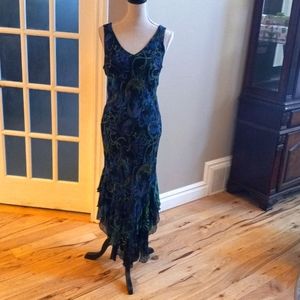 Chicos,peacock colored, ruffled asymmetrical hem line dress